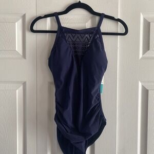 Aqua Green Women's Navy One Piece Swimsuit Slimming Ruche NEW Small Swim Beach